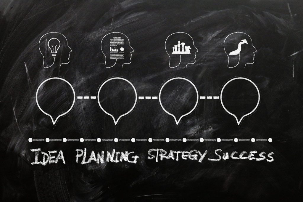 Chalkboard illustration showing the process from idea to planning, strategy, and success, with icons representing each stage of nonprofit evaluation planning