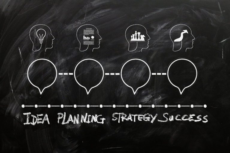 Chalkboard illustration showing the process from idea to planning, strategy, and success, with icons representing each stage of nonprofit evaluation planning